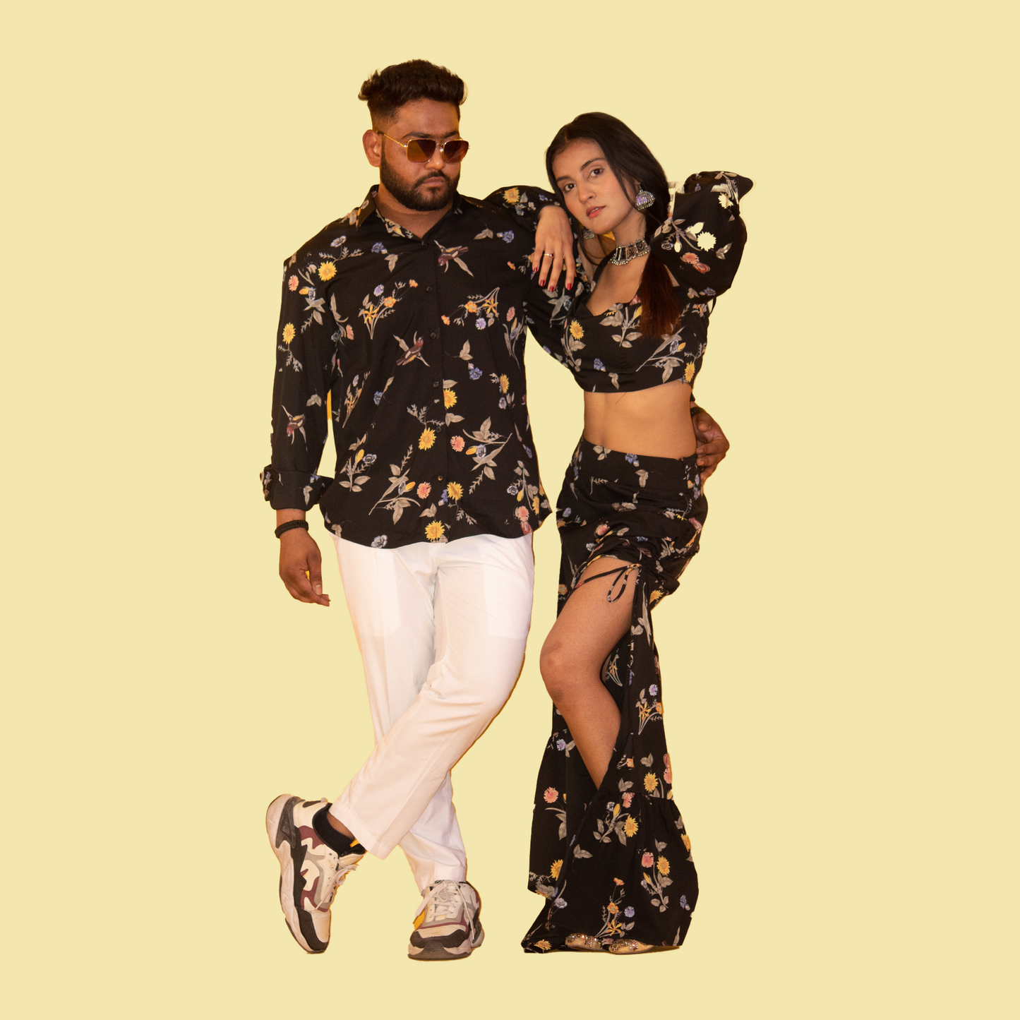 Black Floral Print Matching Outfit for Couple