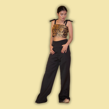 Tie Shoulder Crop Top and Black Pant Set