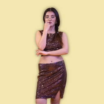 Brown Sequin Cutout Top and Mini Skirt Set