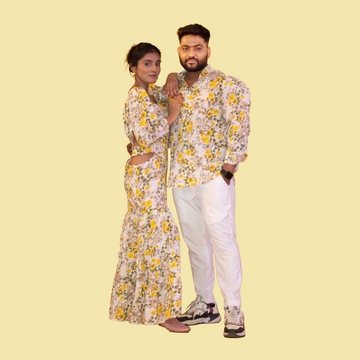 Yellow Floral Print Cotton Matching Outfit for Couple
