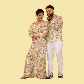 Yellow Floral Print Cotton Matching Outfit for Couple