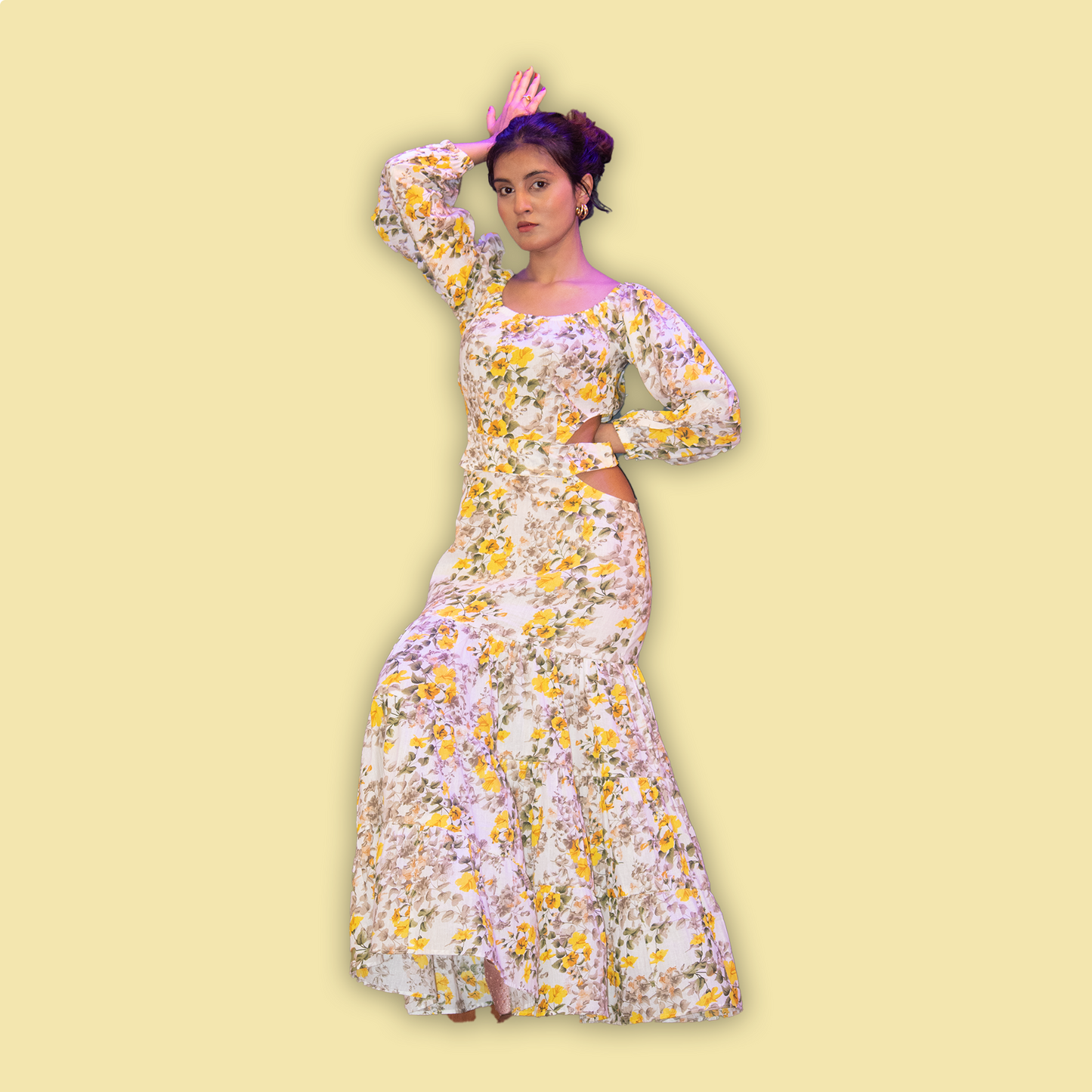 Yellow Floral Print Cutout Maxi Dress