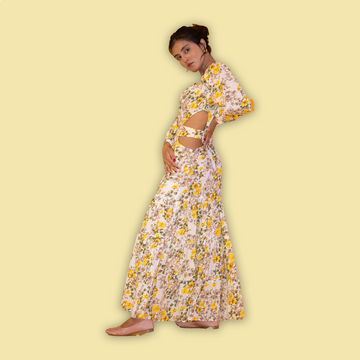 Yellow Floral Print Cutout Maxi Dress