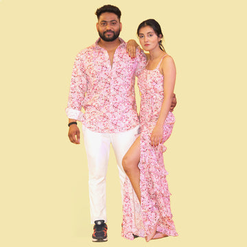 Pink Floral Print Rayon Matching Outfit for Couple