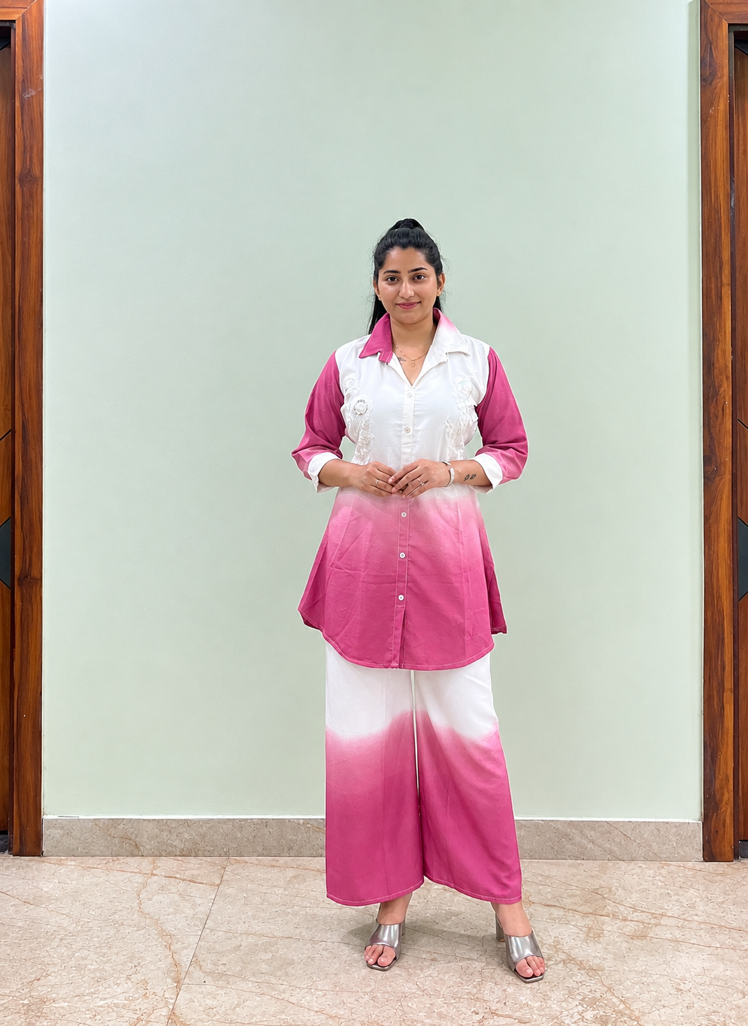 Women Embroidered Shirt Style Coord Set