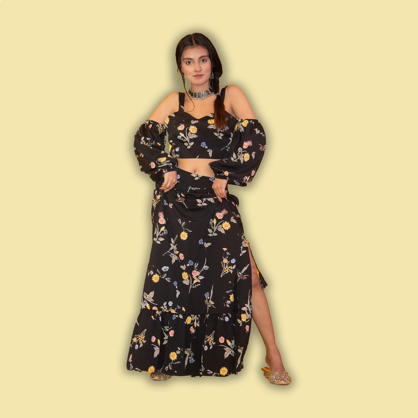 Black Floral Print Top and Skirt Coord Set