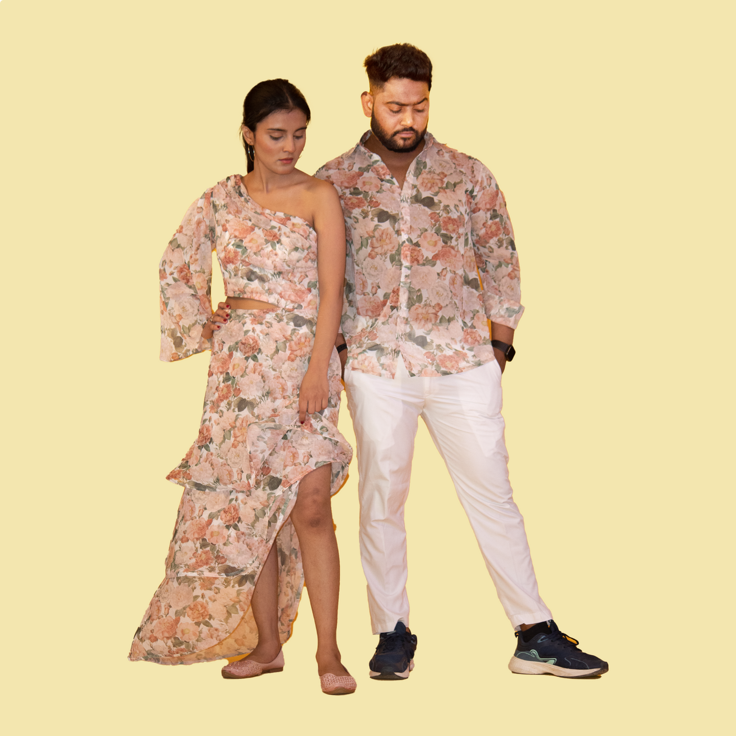 Floral Print Georgette Matching Outfit for Couple