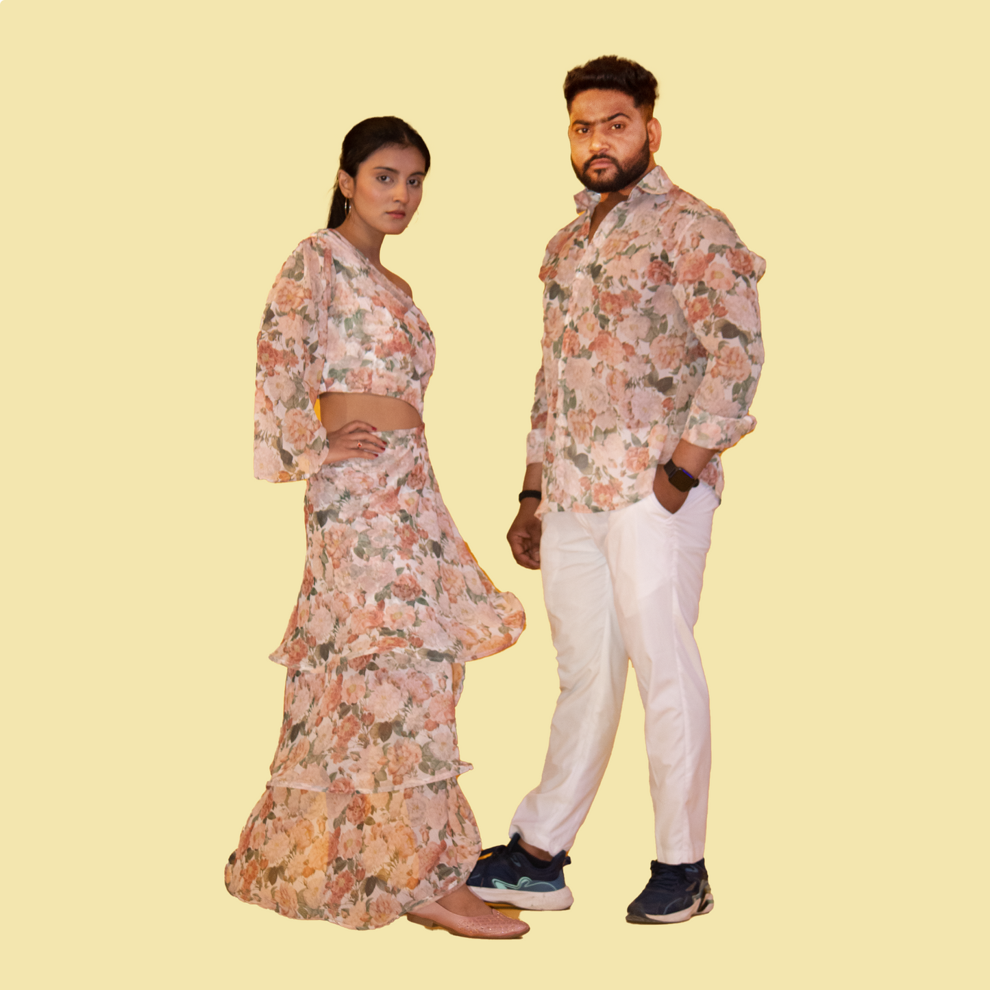 Floral Print Georgette Matching Outfit for Couple