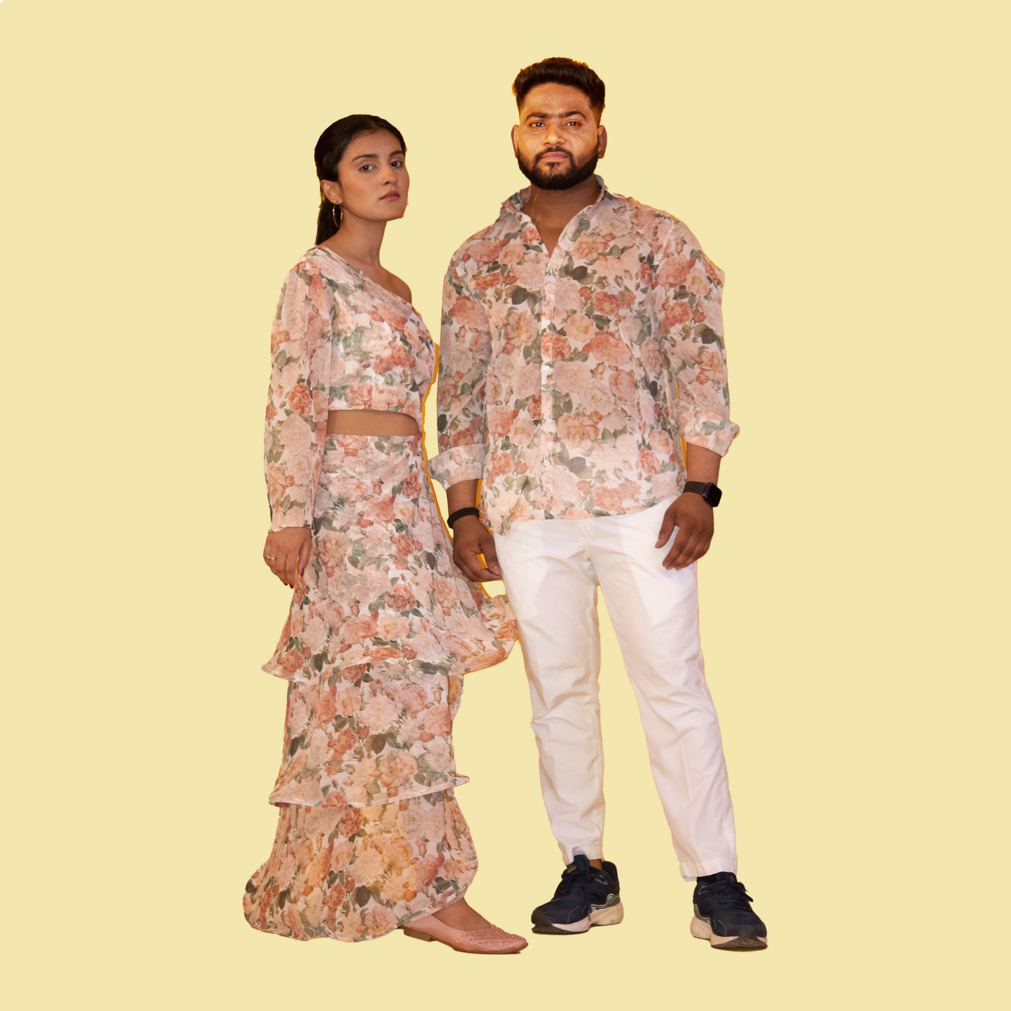 Floral Print Georgette Matching Outfit for Couple