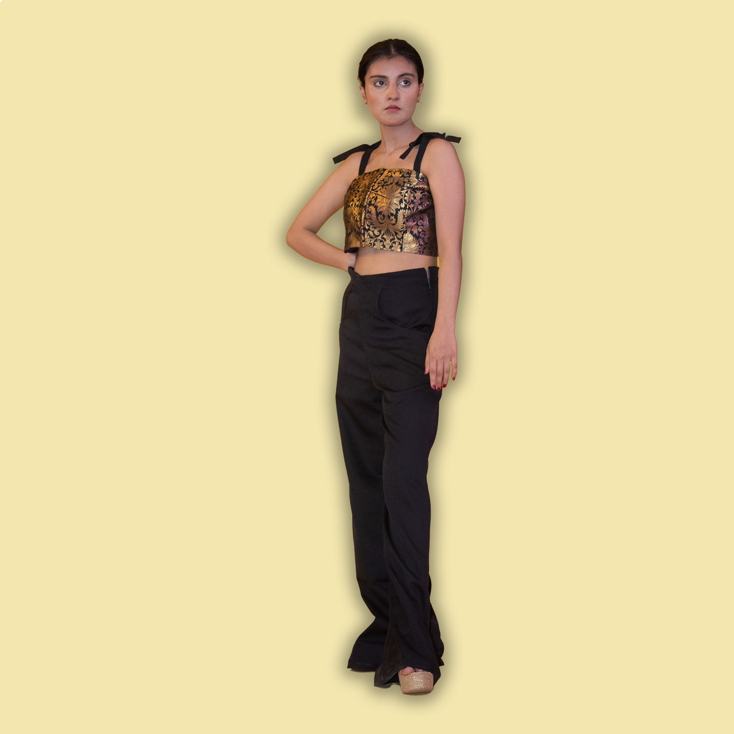 Tie Shoulder Crop Top and Black Pant Set