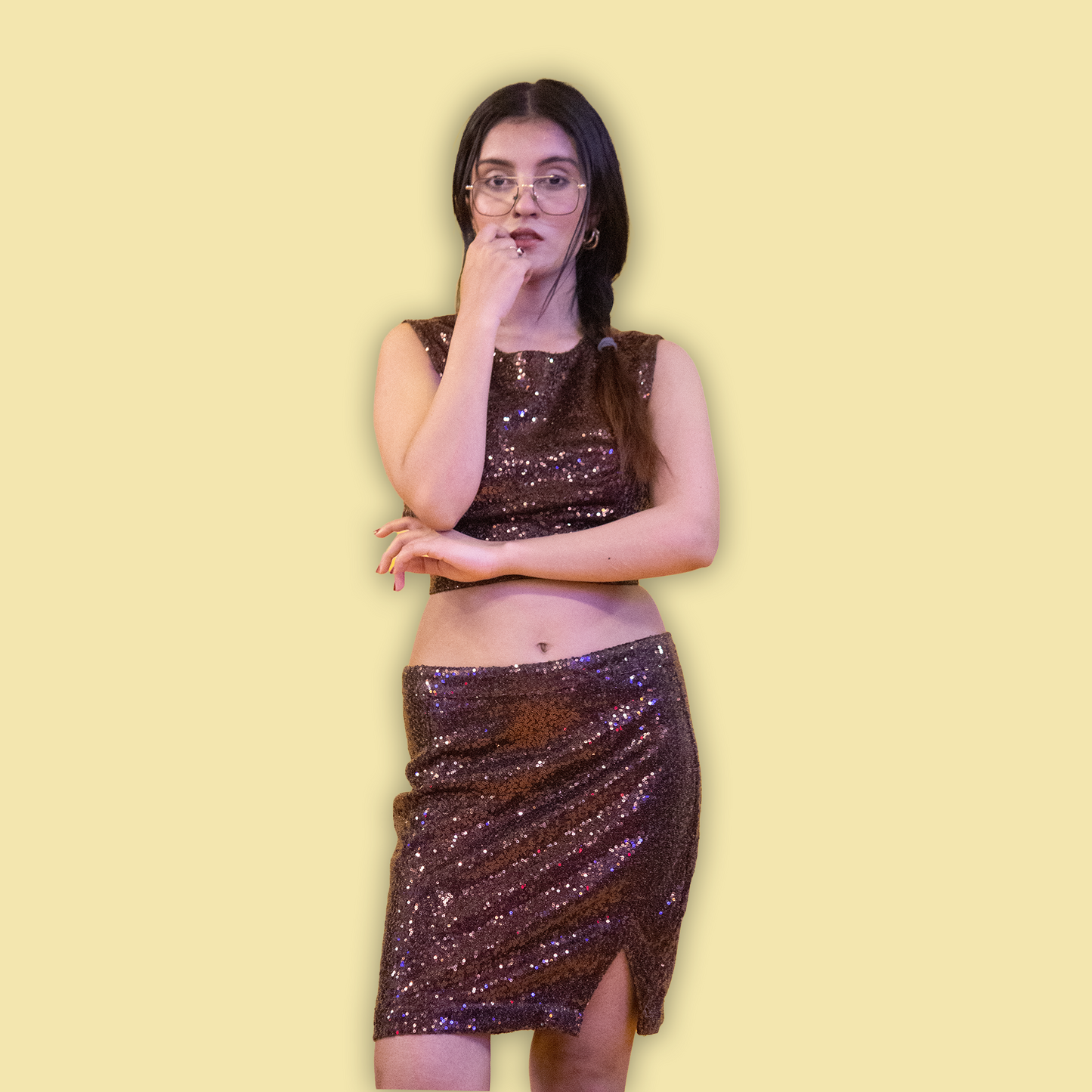 Brown Sequin Cutout Top and Mini Skirt Set