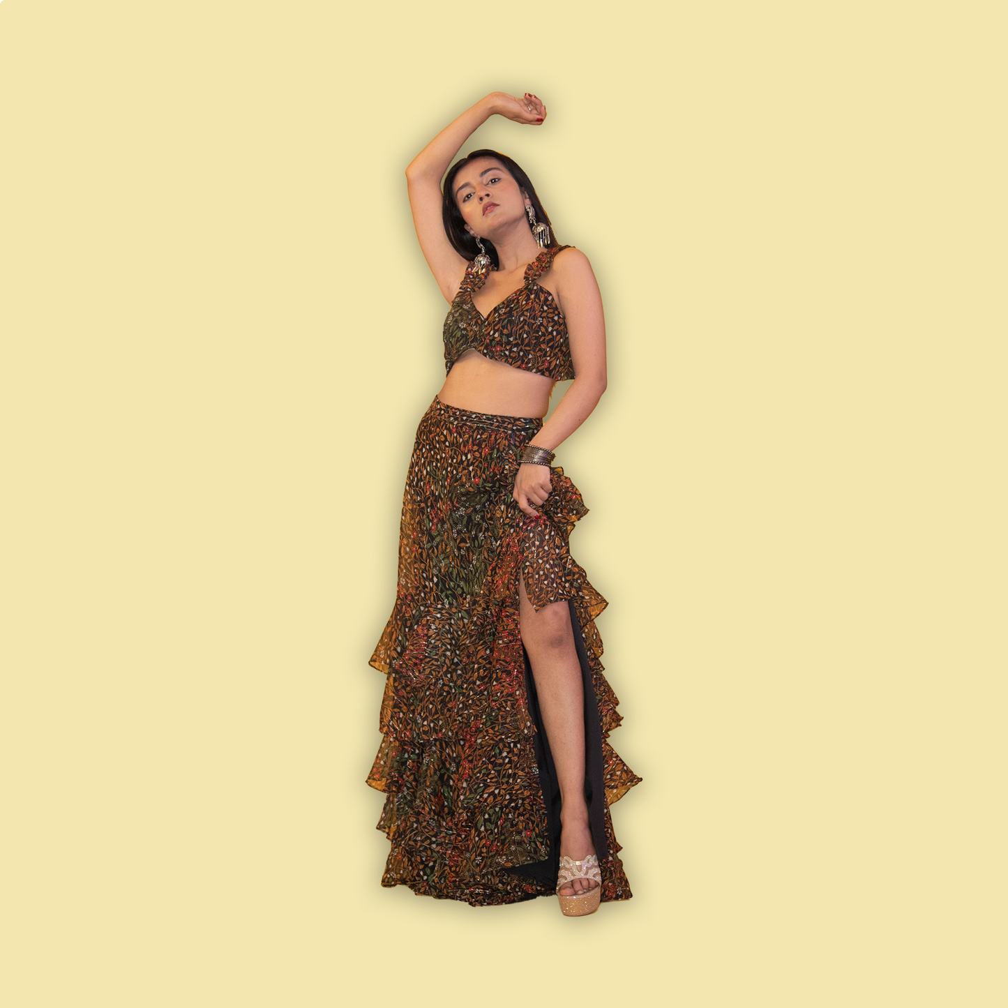 Sleeveless Crop Top and Floor Length Skirt Set