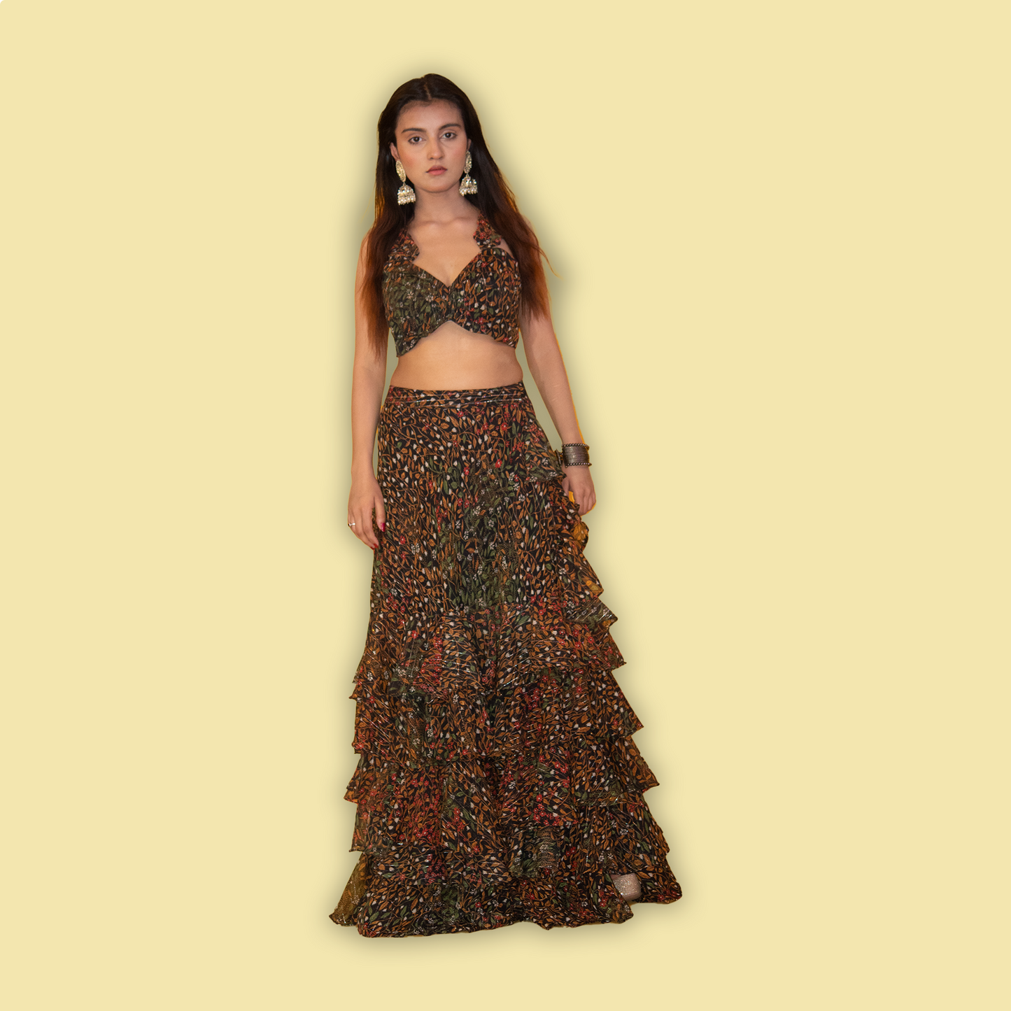 Sleeveless Crop Top and Floor Length Skirt Set