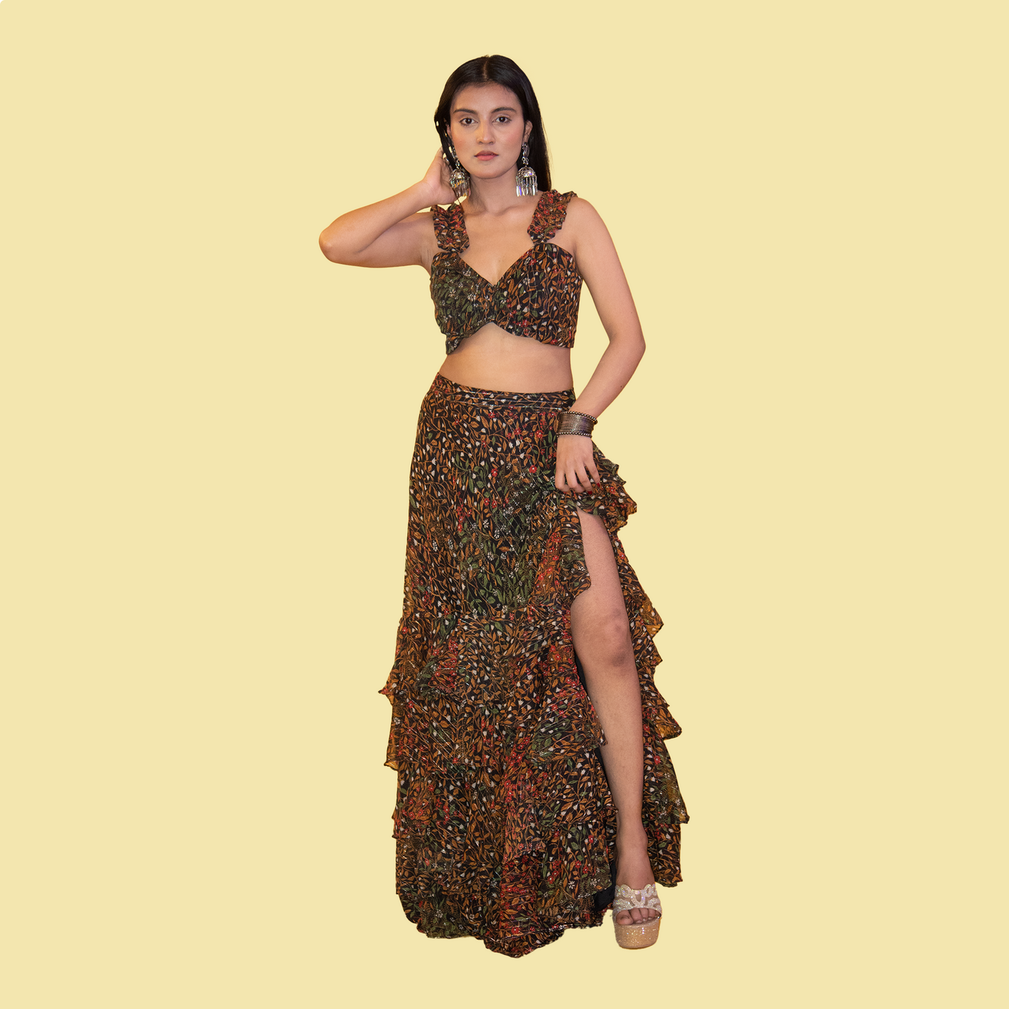 Sleeveless Crop Top and Floor Length Skirt Set