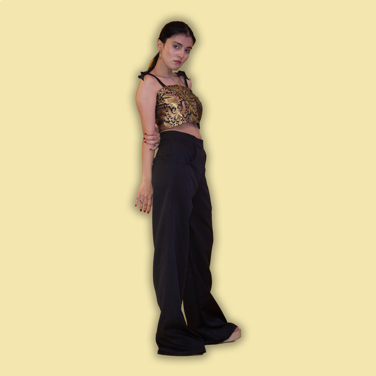 Tie Shoulder Crop Top and Black Pant Set