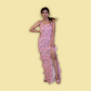 Belted Tunic Pink Floral Ruffled Dress with Slit Cut
