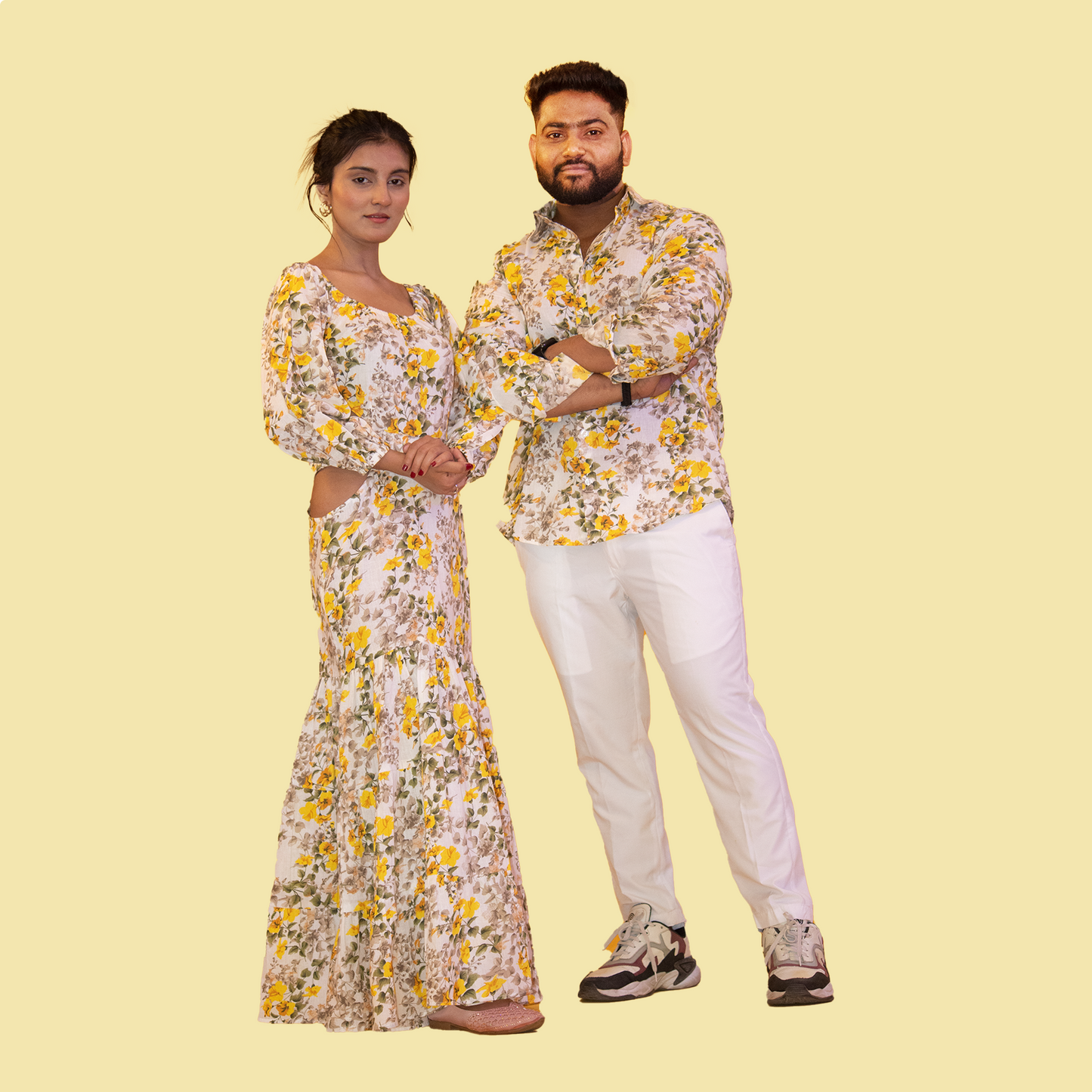 Yellow Floral Print Cotton Matching Outfit for Couple