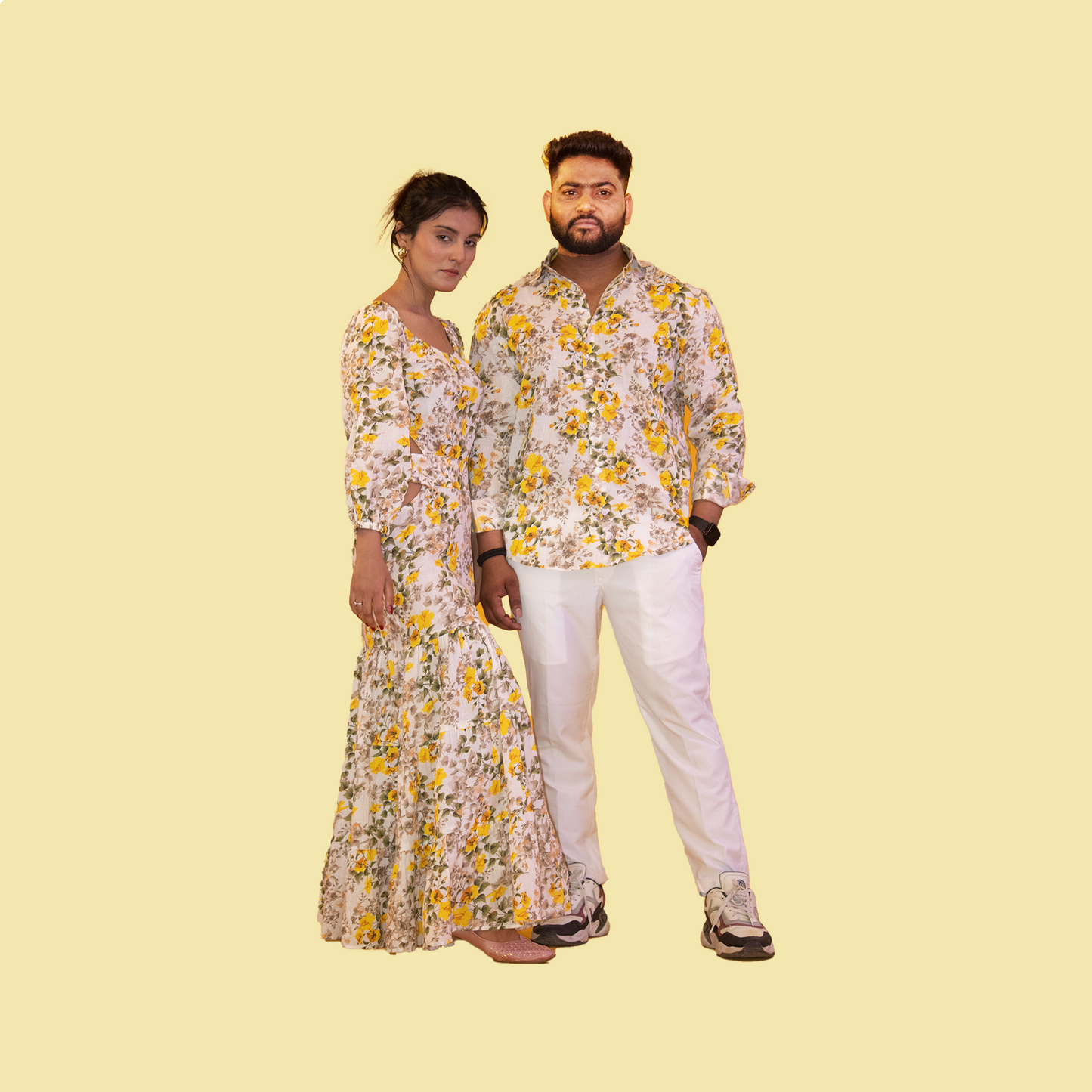 Yellow Floral Print Cotton Matching Outfit for Couple