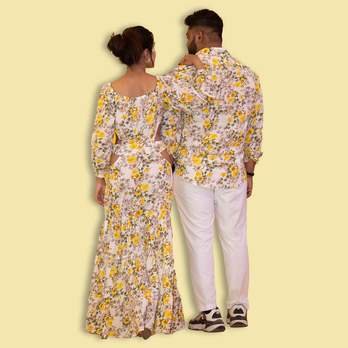 Yellow Floral Print Cotton Matching Outfit for Couple