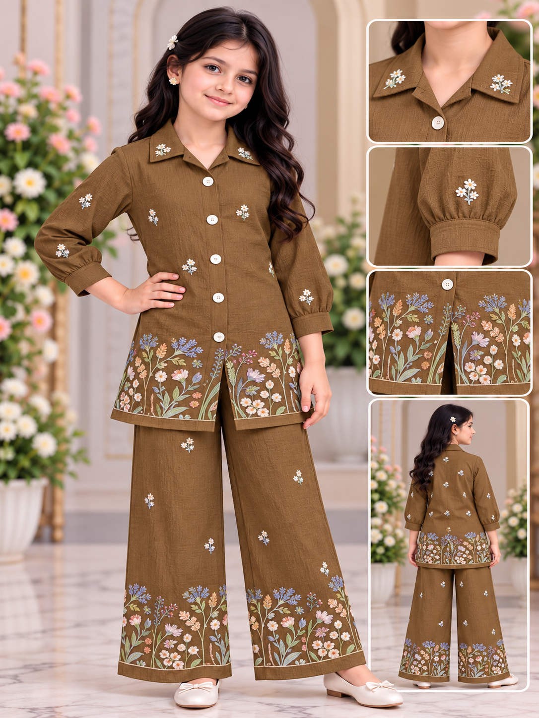 Girl Floral Embroidered Kurta Palazzo Coord Set