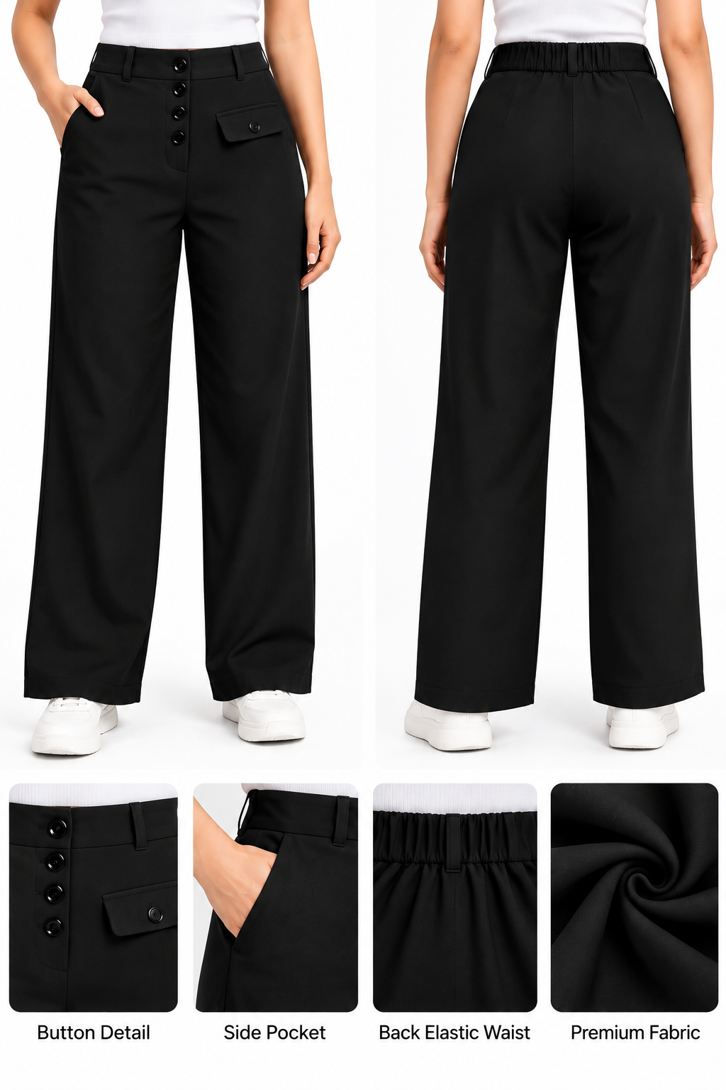Women Wide Leg Side Pocket Korean Pant