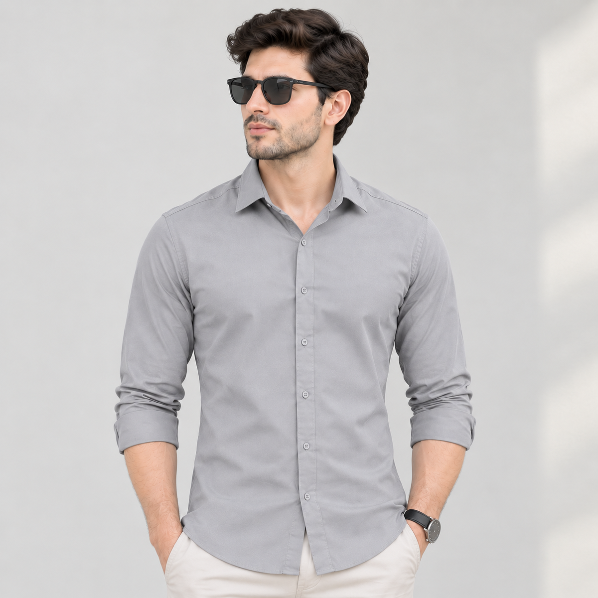 Grey Full Sleeves Cotton Lycra Shirt