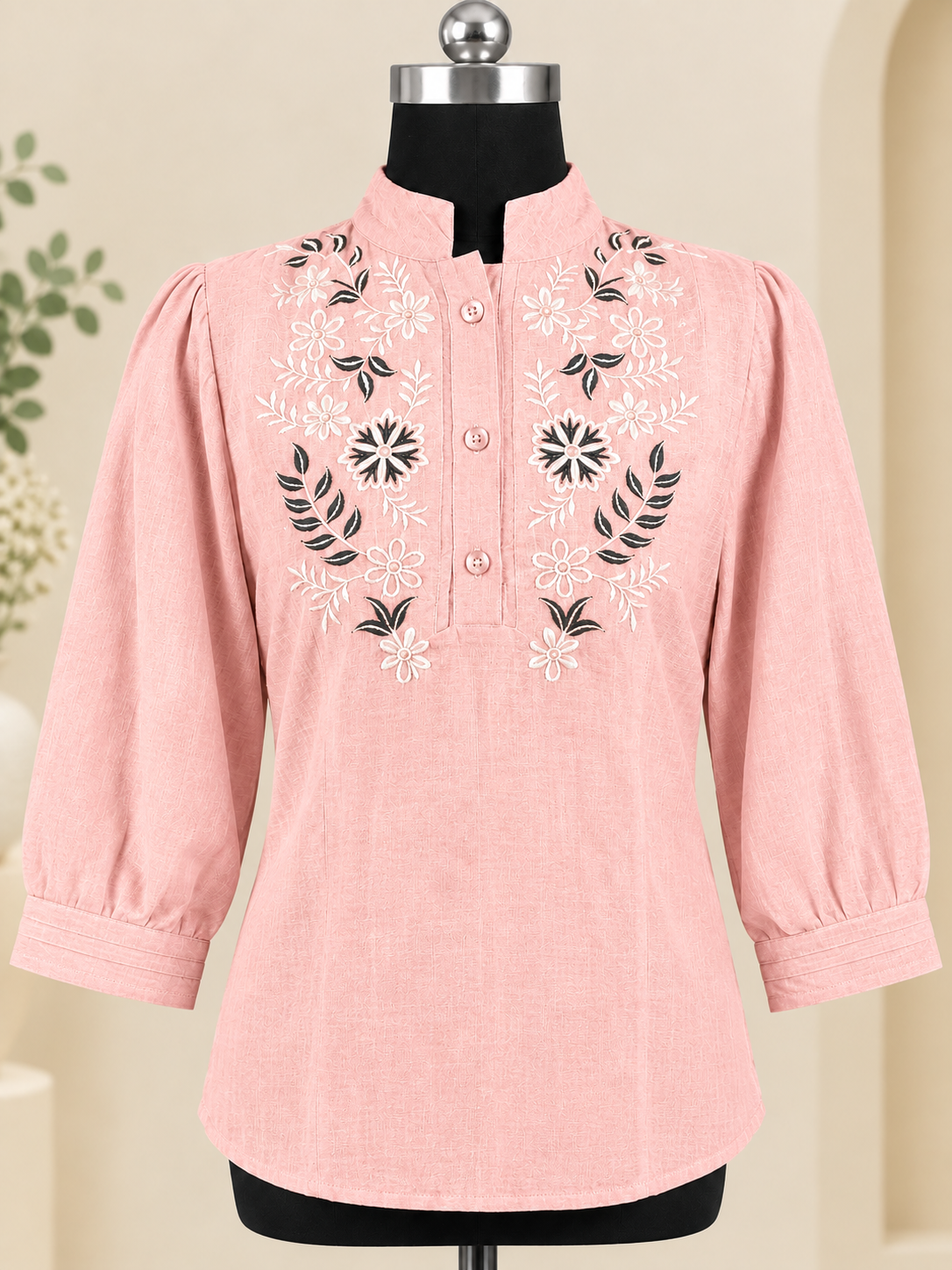 Women Floral Embroidered Tunic Mandarin Collar Shirt Top