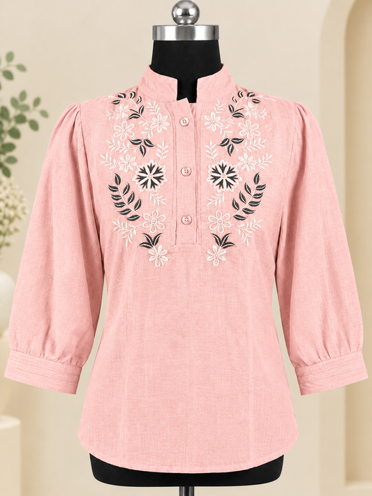 Women Floral Embroidered Tunic Mandarin Collar Shirt Top