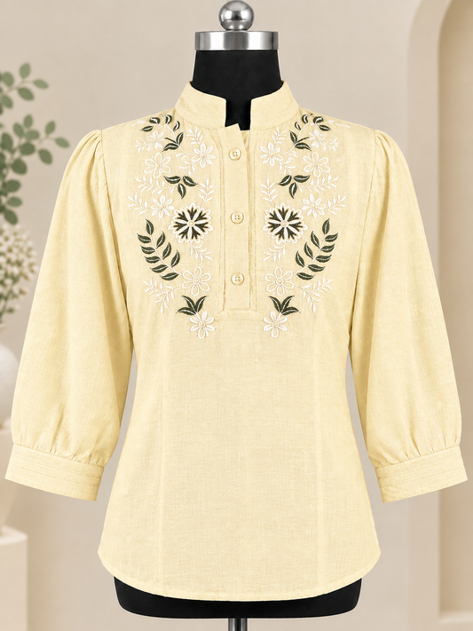 Women Floral Embroidered Tunic Mandarin Collar Shirt Top