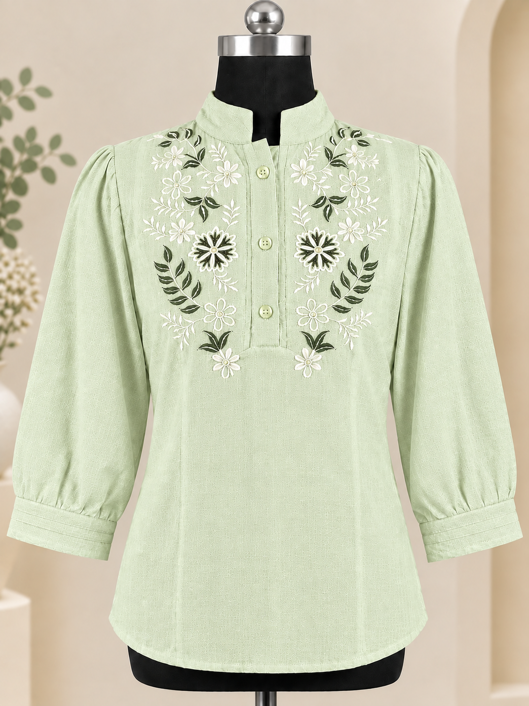 Women Floral Embroidered Tunic Mandarin Collar Shirt Top