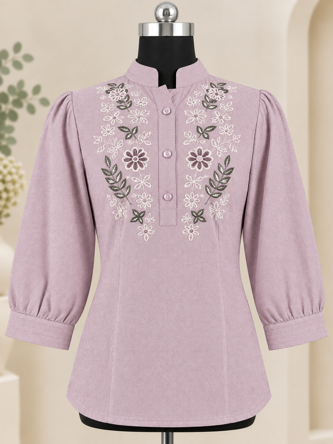 Women Floral Embroidered Tunic Mandarin Collar Shirt Top