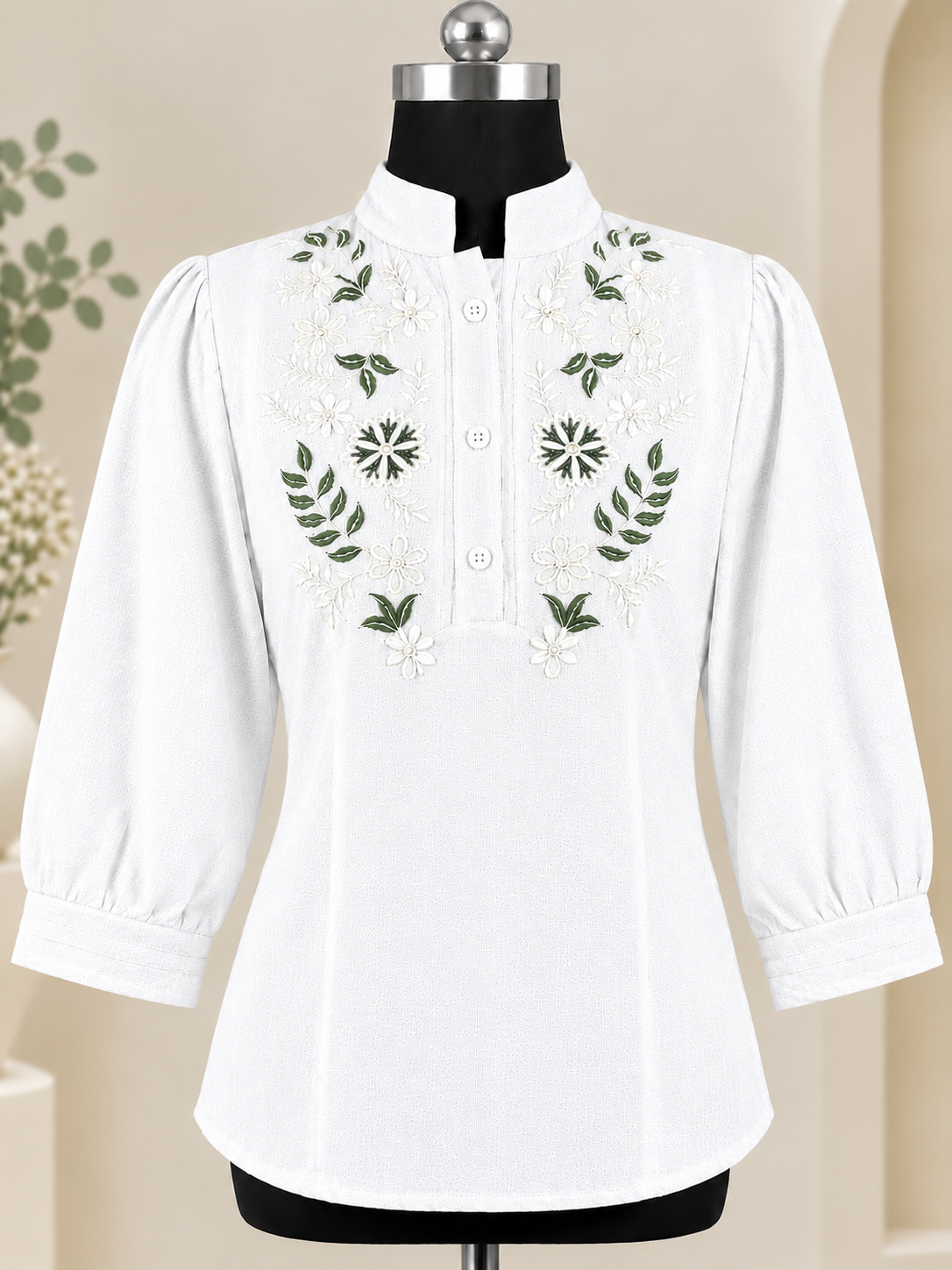 Women Floral Embroidered Tunic Mandarin Collar Shirt Top