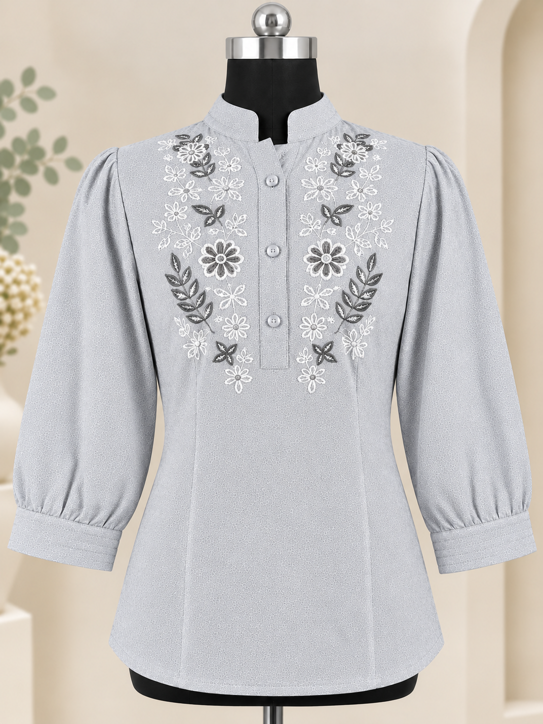 Women Floral Embroidered Tunic Mandarin Collar Shirt Top