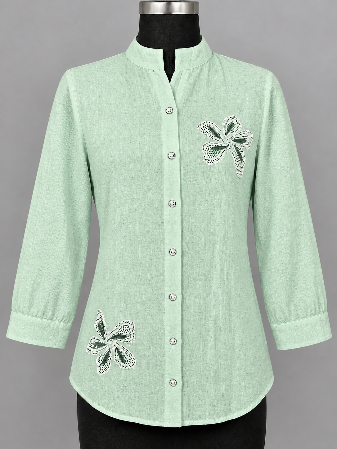 Women Blush Bloom Embroidered Mandarin Collar Shirt Top