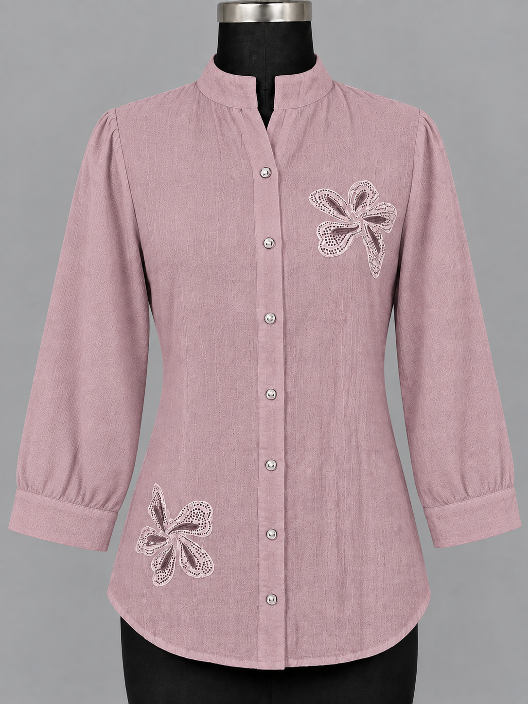 Women Blush Bloom Embroidered Mandarin Collar Shirt Top