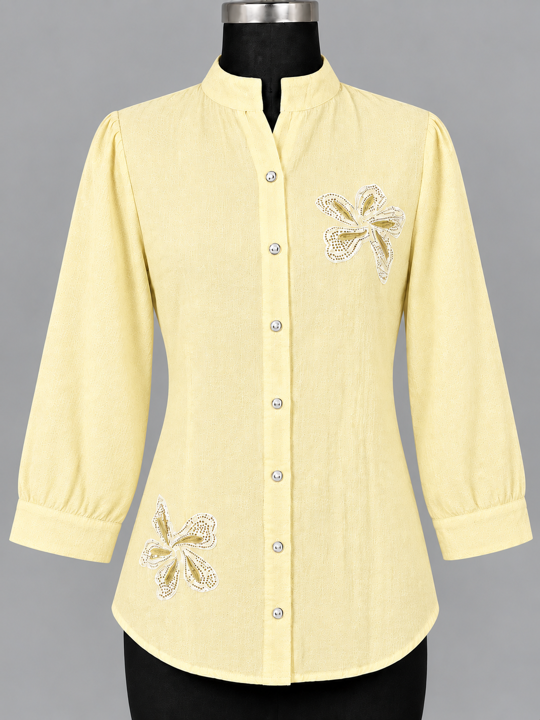 Women Blush Bloom Embroidered Mandarin Collar Shirt Top