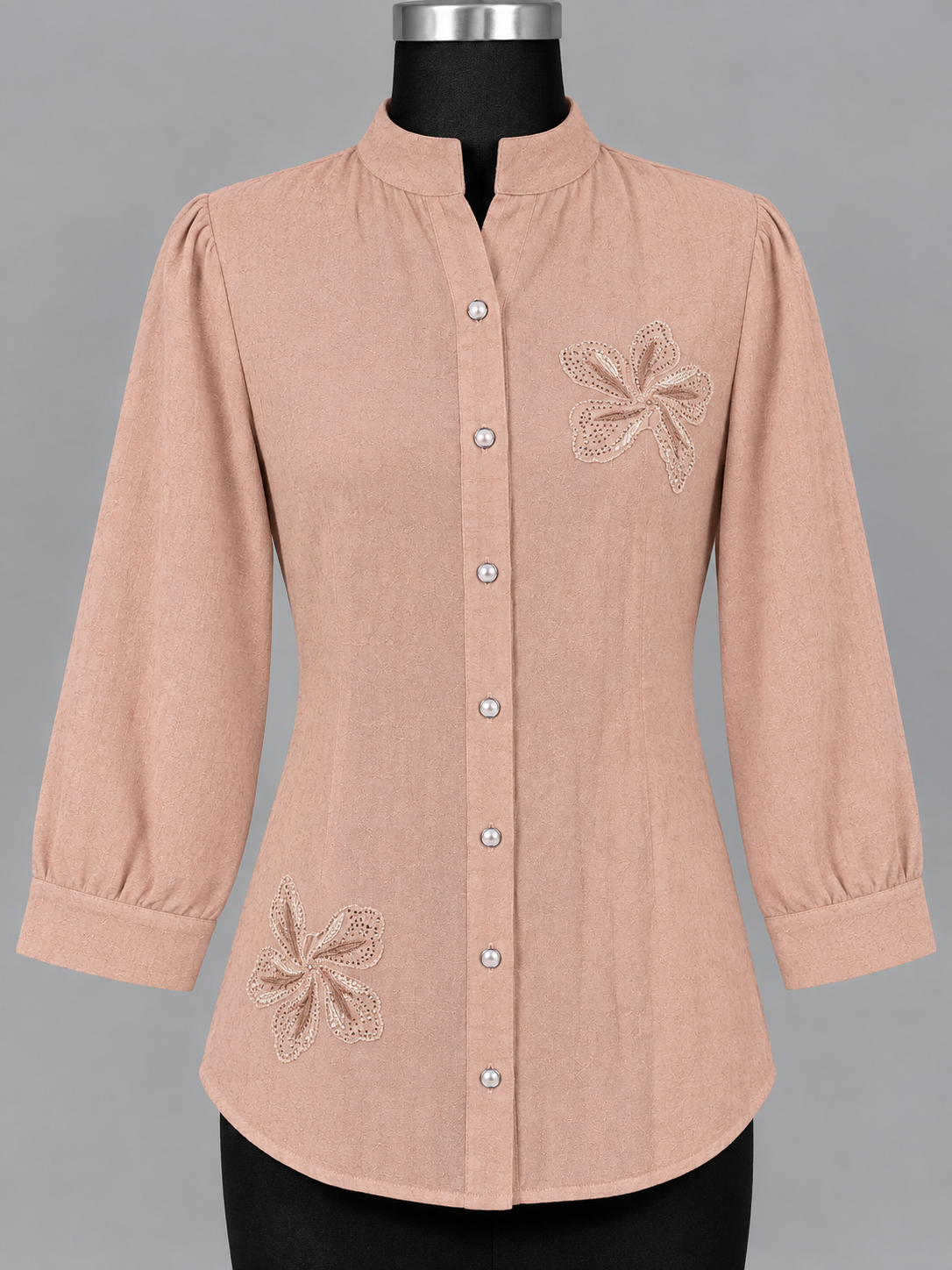 Women Blush Bloom Embroidered Mandarin Collar Shirt Top