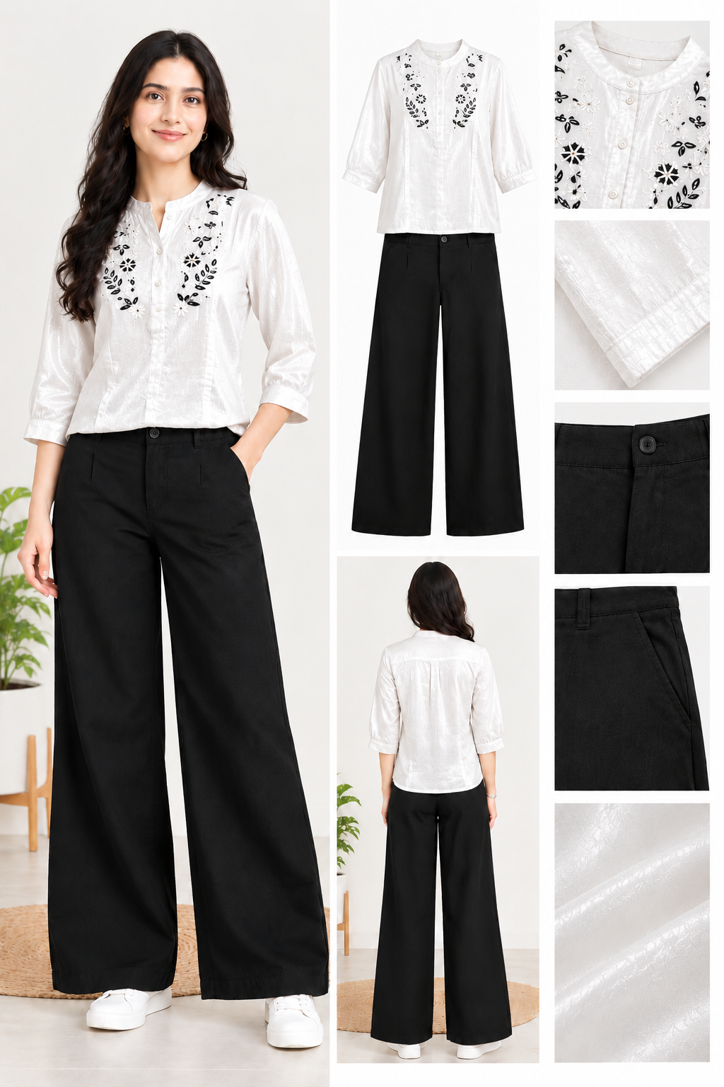Women Embroidered Top and Black Wide Leg Pant Set