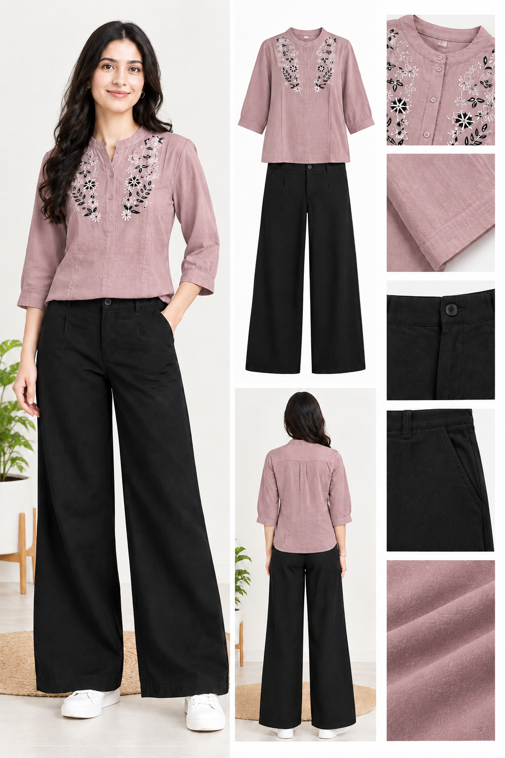 Women Embroidered Top and Black Wide Leg Pant Set
