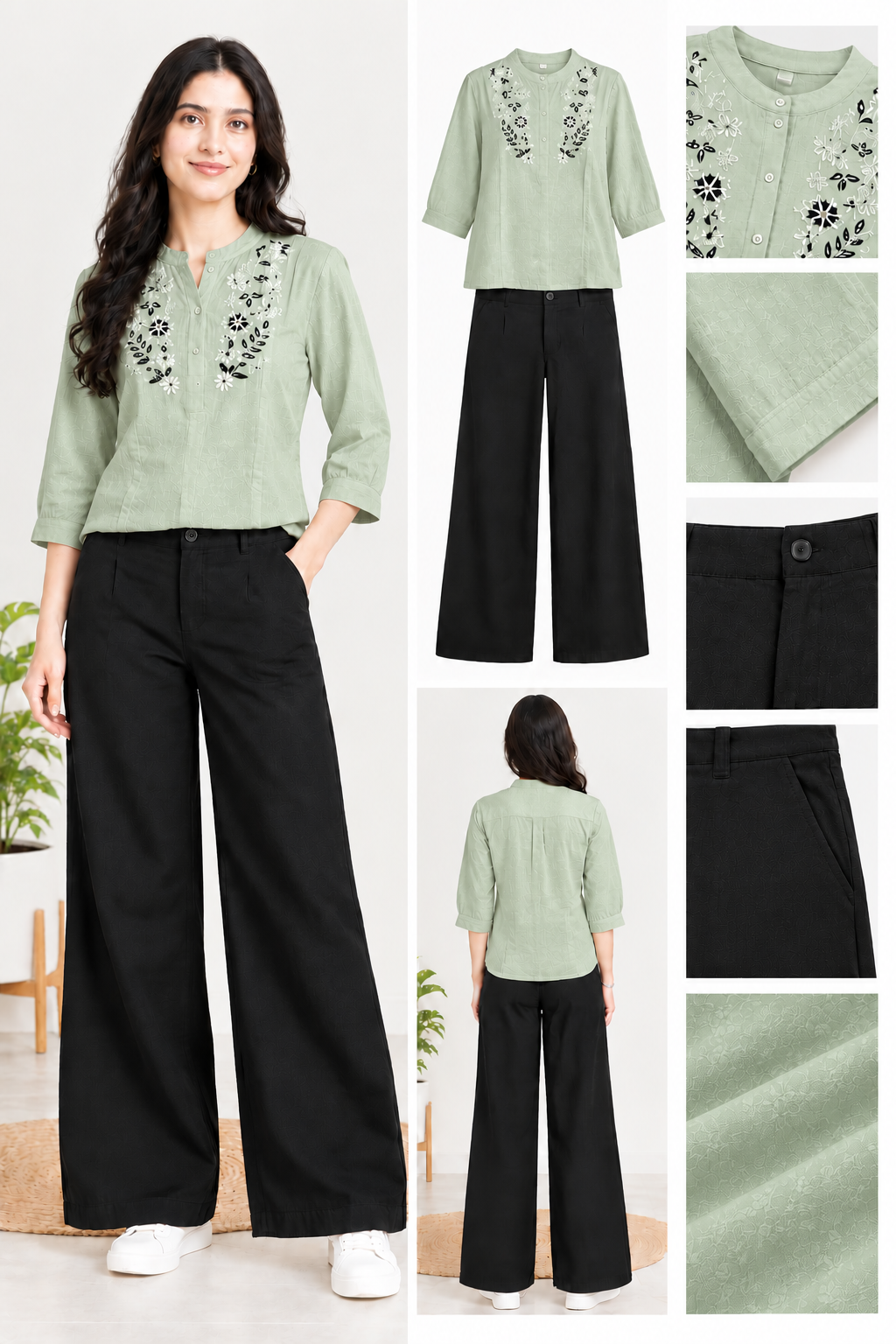Women Embroidered Top and Black Wide Leg Pant Set