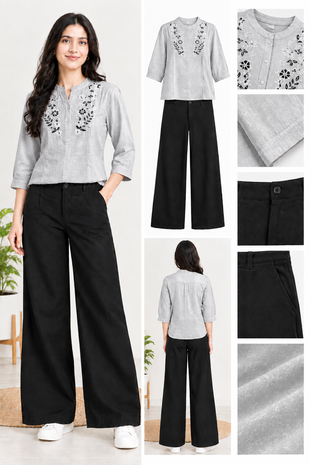 Women Embroidered Top and Black Wide Leg Pant Set