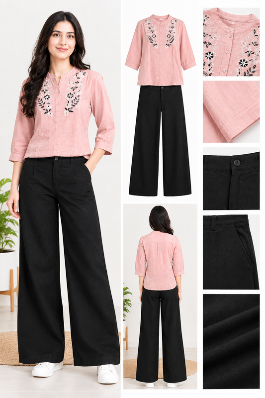 Women Embroidered Top and Black Wide Leg Pant Set