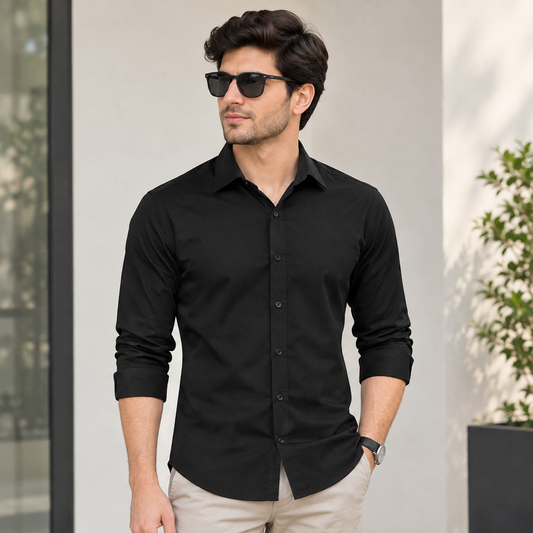 Black Full Sleeves Cotton Lycra Shirt