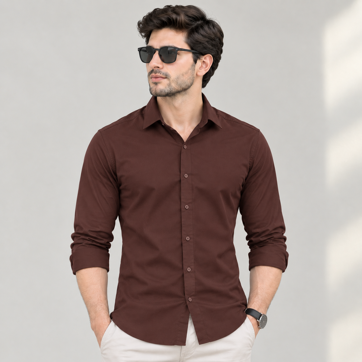 Brown Full Sleeves Cotton Lycra Shirt