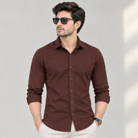 Brown Full Sleeves Cotton Lycra Shirt