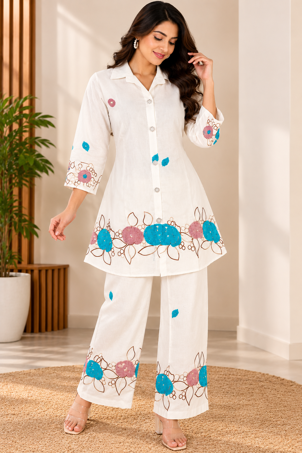 Women White Floral Embroidered Kurta Palazzo Coord Set