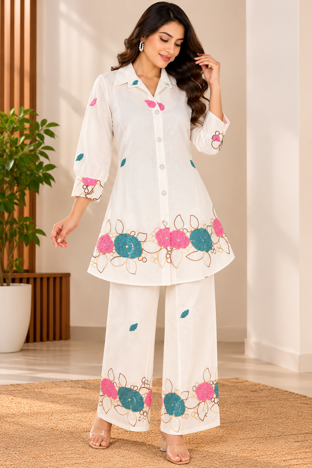 Women White Floral Embroidered Kurta Palazzo Coord Set