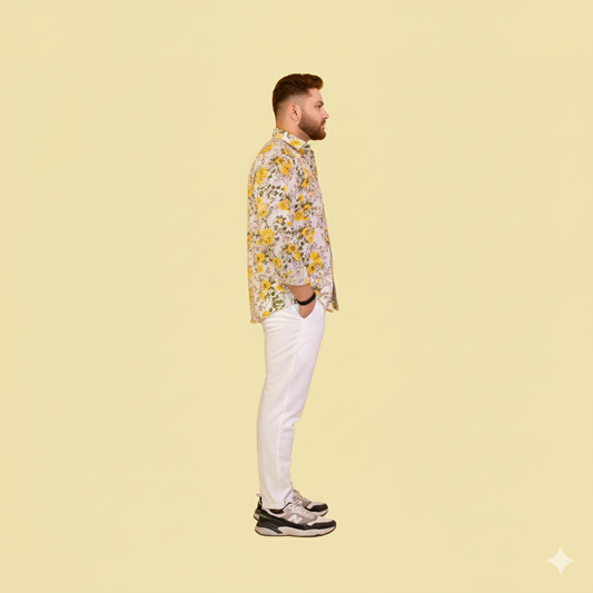 Yellow Floral Print Full Sleeves Shirt