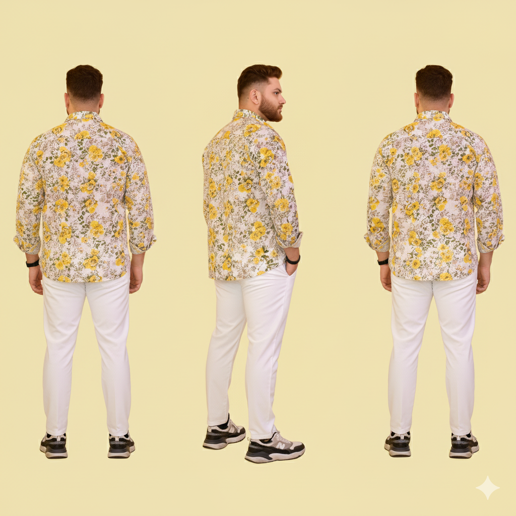Yellow Floral Print Full Sleeves Shirt