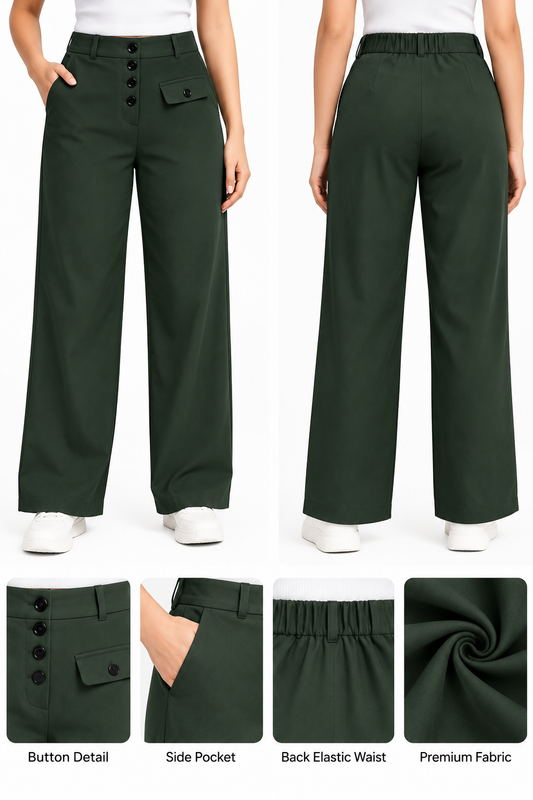 Women Wide Leg Side Pocket Korean Pant